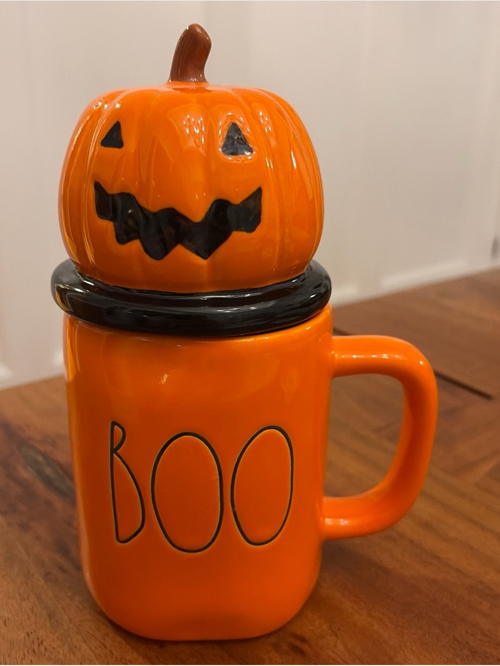 Rae Dunn Halloween BOO Orange Mug Ceramic Coffee Cup Pumpkin Topper Lid Spooky